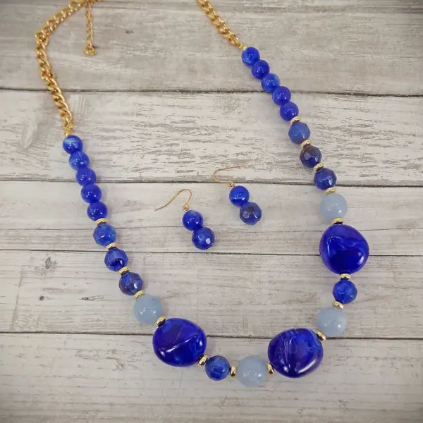 Blue Beaded Fashion Necklace and Earrings Set
