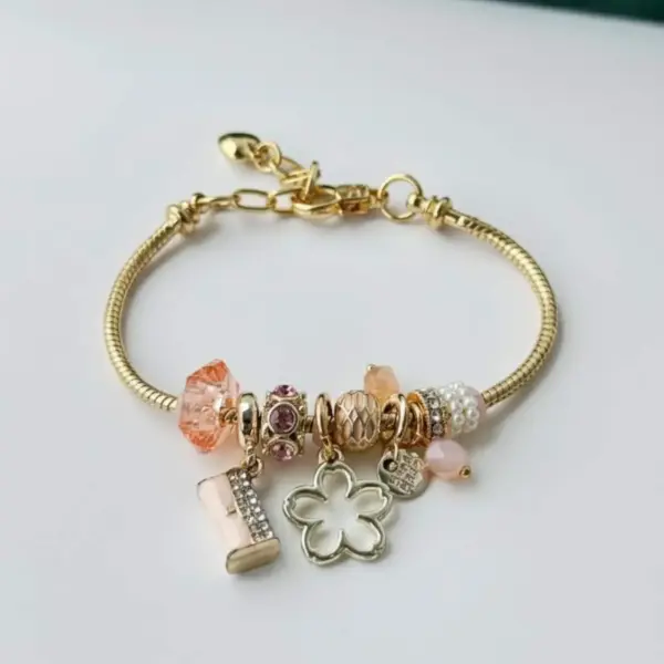 18K Gold Plated Charm Bracelet: Pink Crystal & Pearl Bead