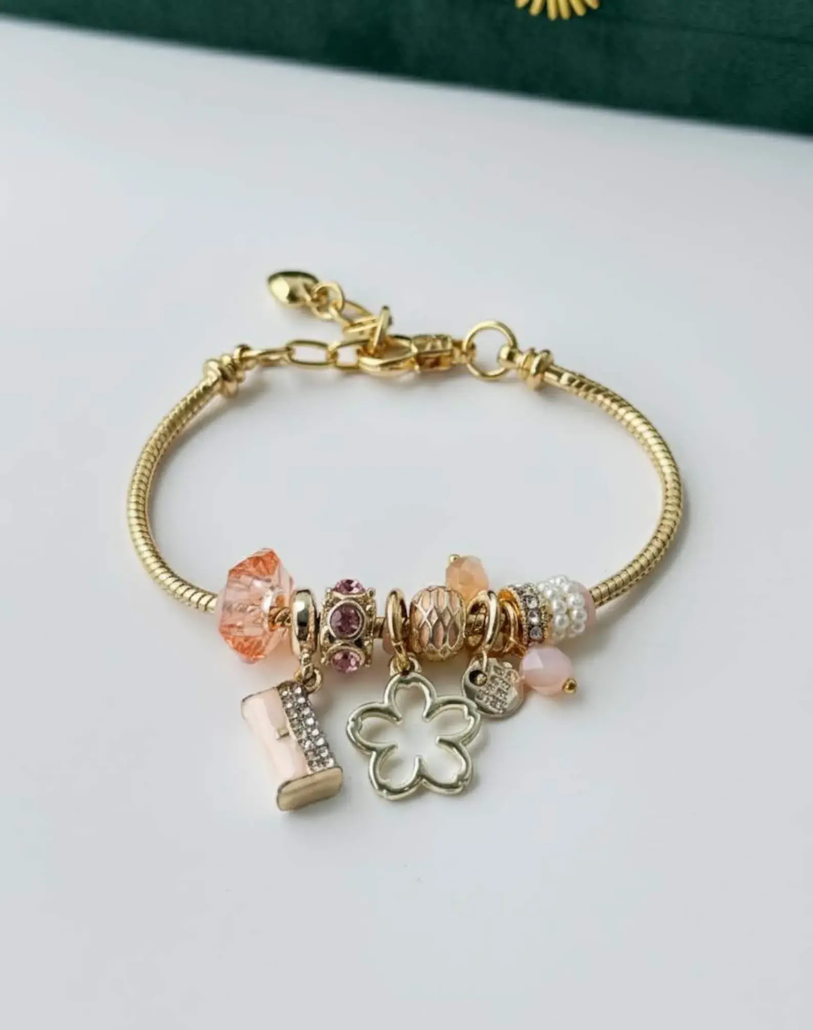 18K Gold Plated Charm Bracelet: Pink Crystal & Pearl Bead