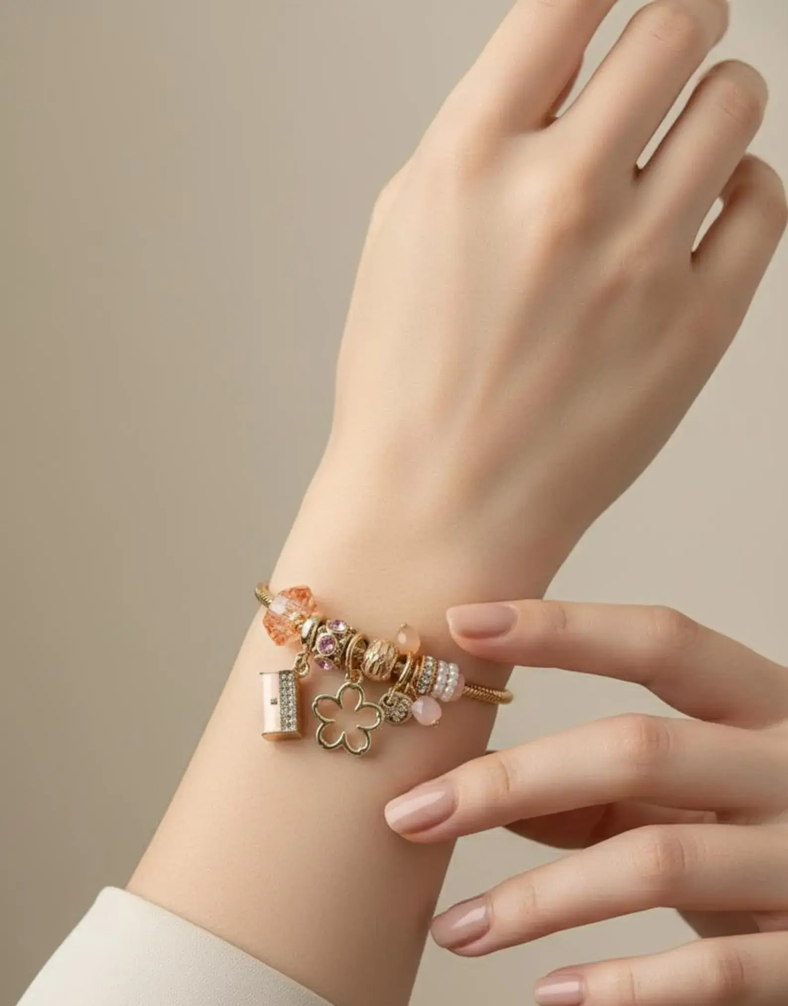 18K Gold Plated Charm Bracelet: Pink Crystal & Pearl Bead - Image 2