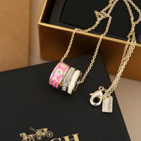 Coach In Box CZ pink three ring necklace designer jewelry women's gift for her
