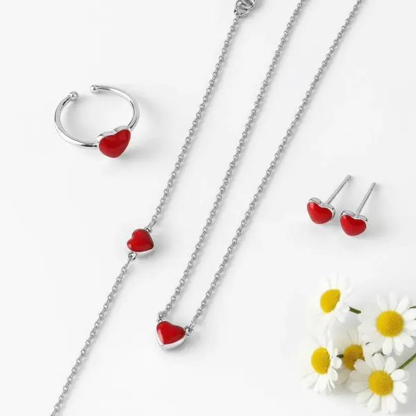 925 Sterling Silver Red Heart Jewellery Set
