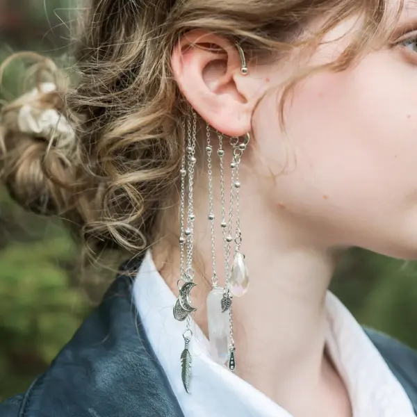 Chain Ear Cuff, Boho Ear Cuff with Chains and Crystal