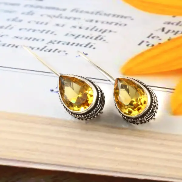 Teardrop Citrine Quartz Dangle Earrings: 925 Sterling Silver