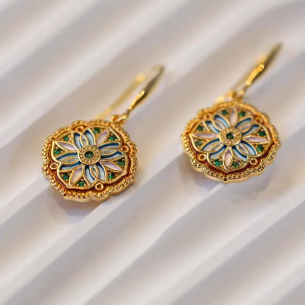 Boho Mandala Drop Earrings: Gold Filigree Enamel Flower Dangles