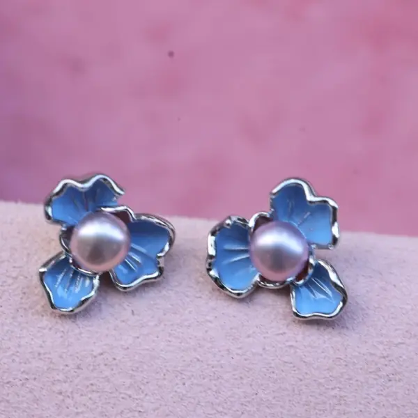 Blue Flower Stud Earrings with Purple Freshwater Pearls in Silver Setting
