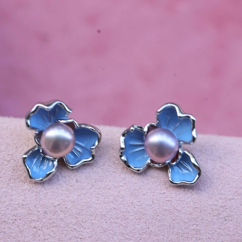 Blue Flower Stud Earrings with Purple Freshwater Pearls in Silver Setting