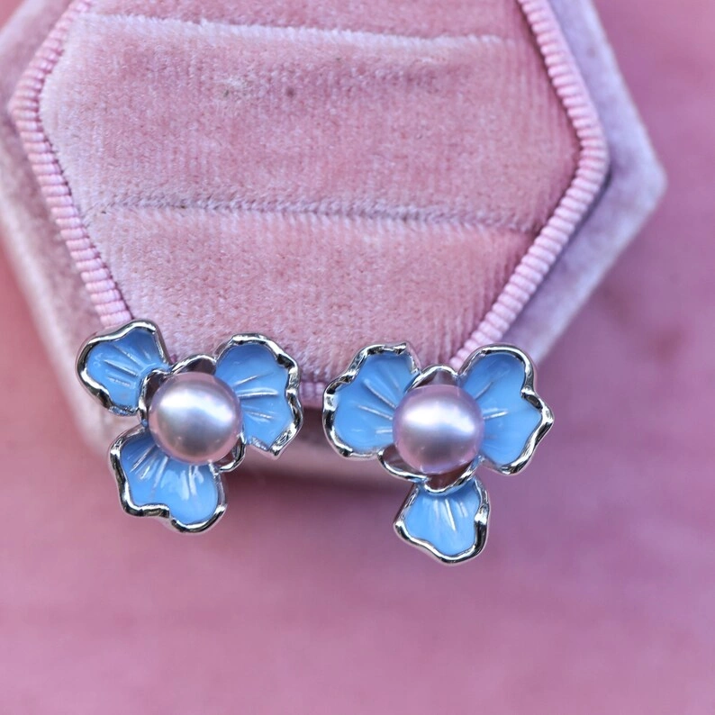 Blue Flower Stud Earrings with Purple Freshwater Pearls in Silver Setting - Image 3
