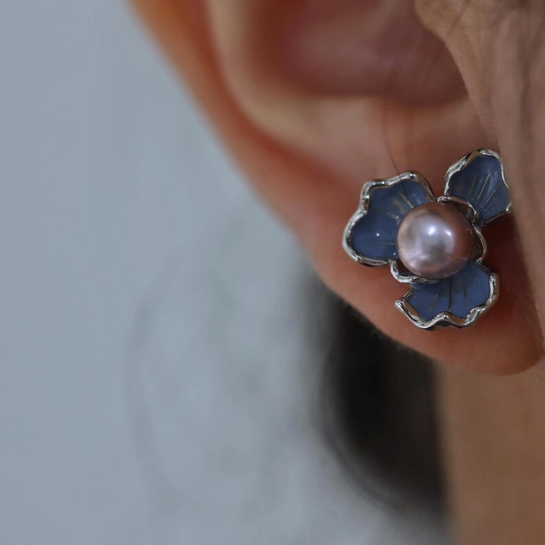 Blue Flower Stud Earrings with Purple Freshwater Pearls in Silver Setting - Image 2