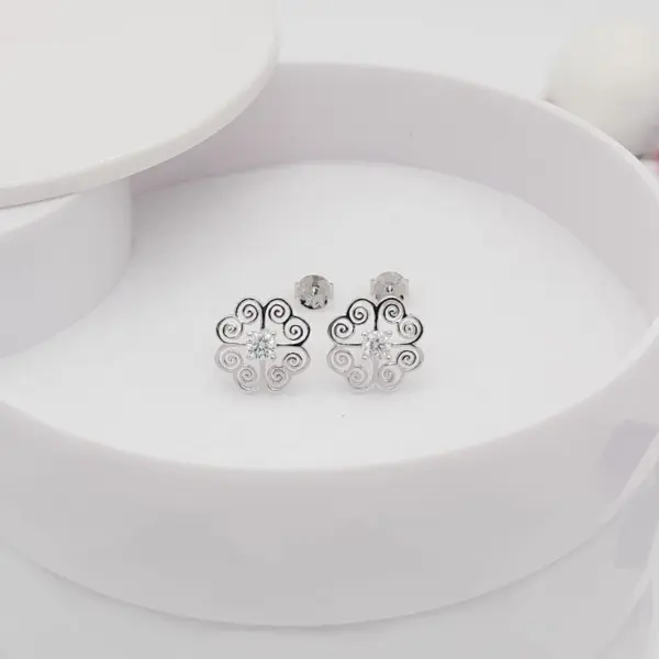 Sterling Silver Hmong Stud Earrings: Four Heart Cubic Zirconia