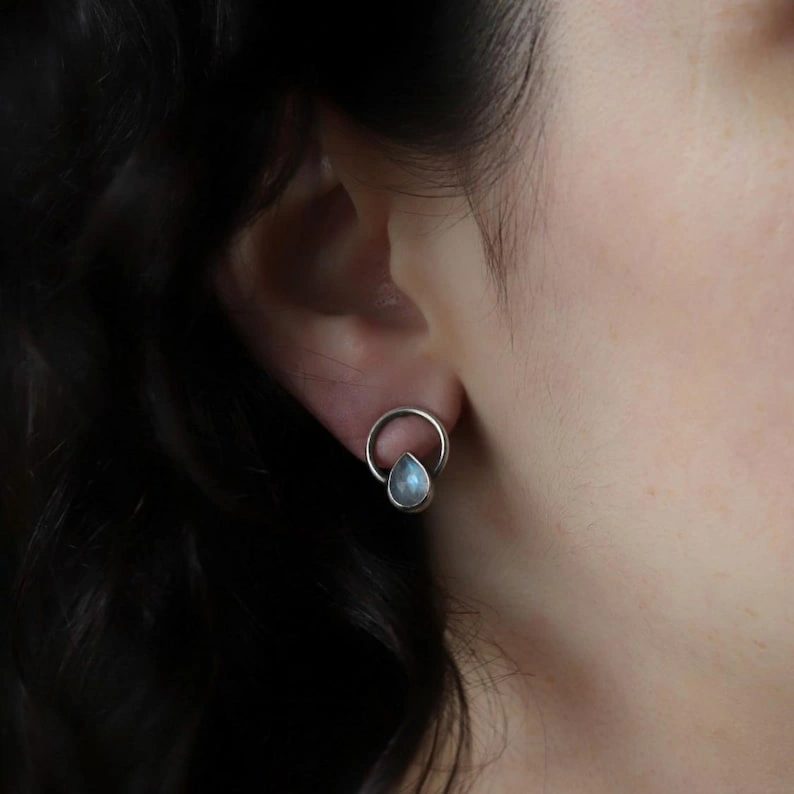 Dainty Moonstone Stud Earrings: Sterling Silver Minimalist Jewelry - Image 2