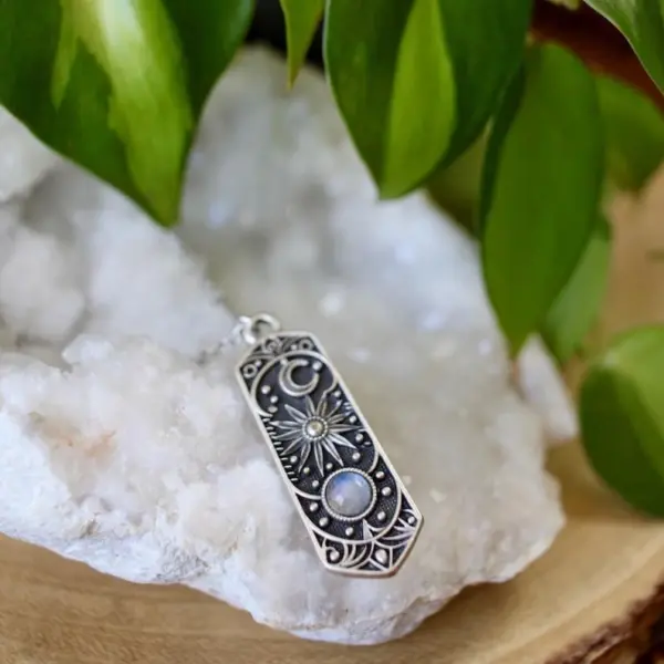 Silver Cosmic Moonstone Necklace, Sun Moon Stars Gemstone Jewelry, Celestial Gift