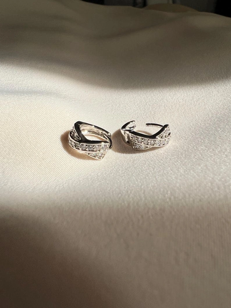 Crisscross Huggie Earrings, Huggie Stud, Huggie Hoop Earrings, Micro Pave Earrings
