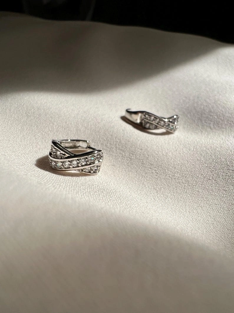 Crisscross Huggie Earrings, Huggie Stud, Huggie Hoop Earrings, Micro Pave Earrings - Image 3