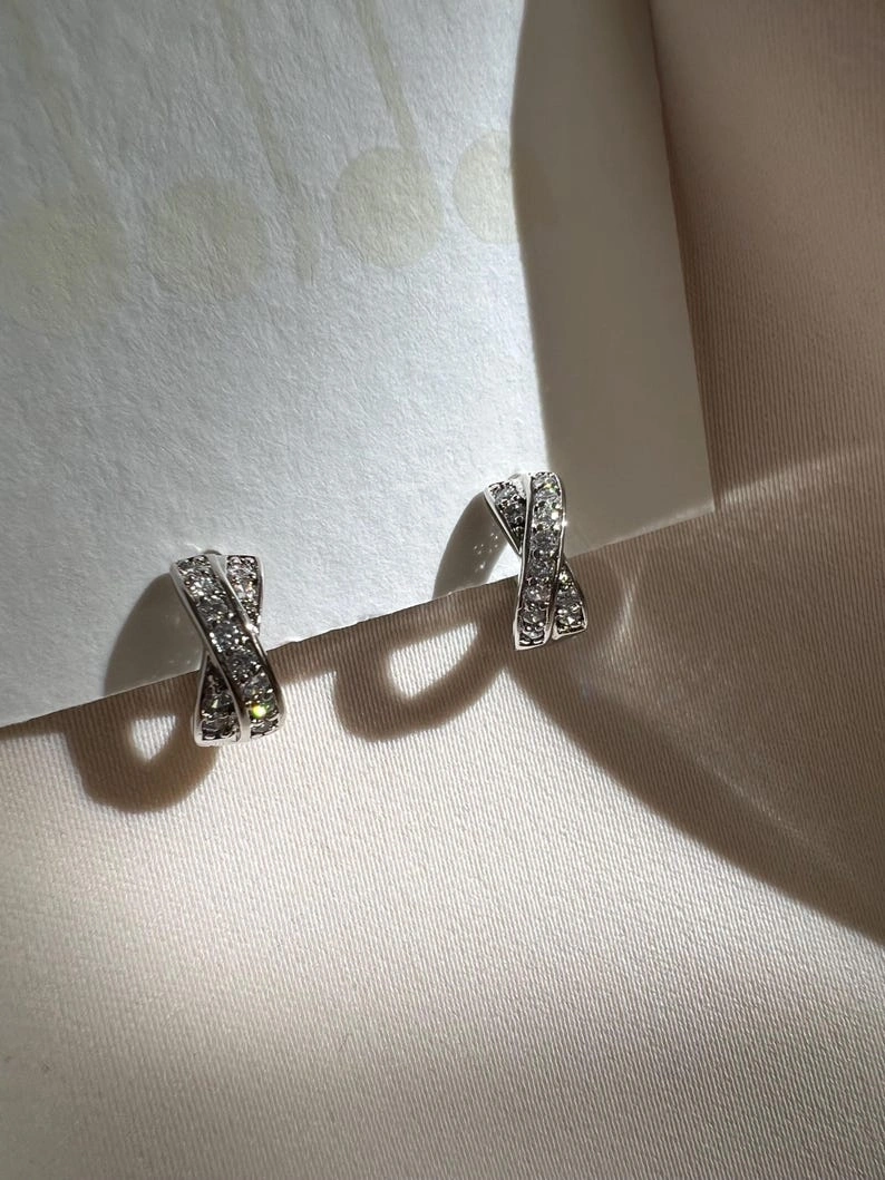 Crisscross Huggie Earrings, Huggie Stud, Huggie Hoop Earrings, Micro Pave Earrings - Image 2